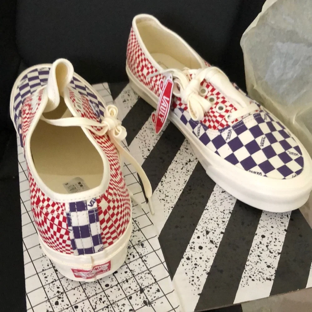 Vans Vault OG Authentic LX Logo Check Violet Indigo Racing Red White Canvas Mens - Picture 2 of 2
